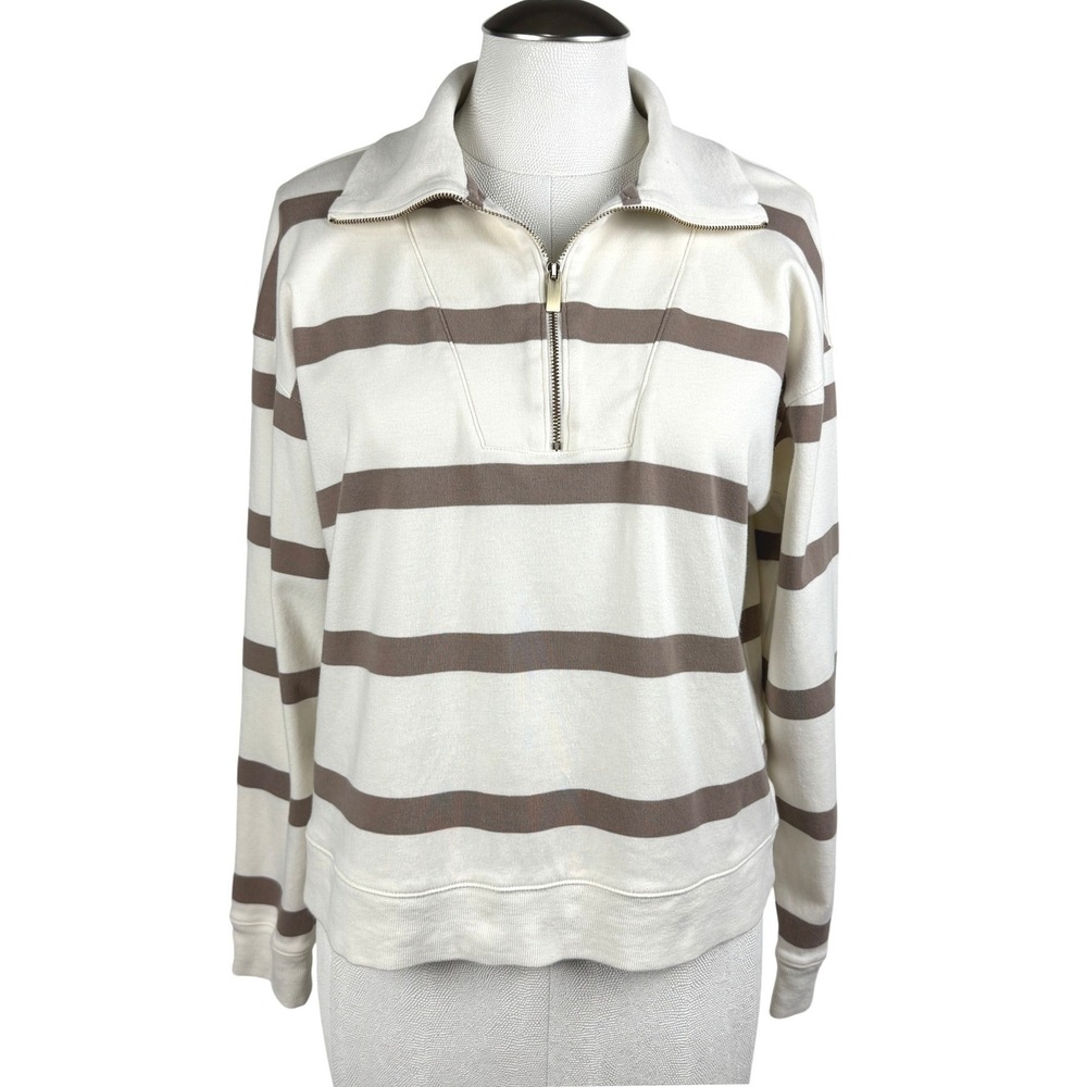 Haven Well Within Women's Pullover M Cream Brown Striped‎ Quarter Zip Casual Top
